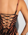 Hi Cut Plungey Triangle Shapewear Swimsuit - Clay Zebra/Black back close up