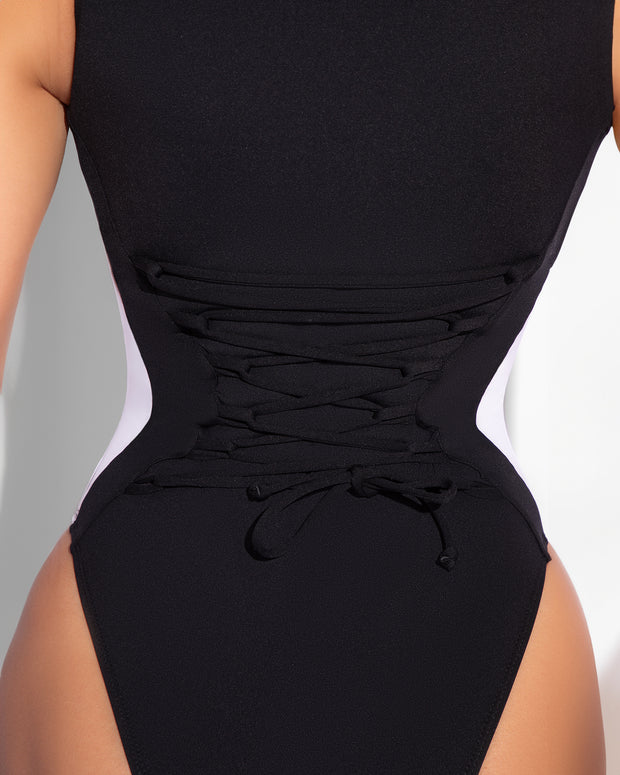 Hi Cut Sleeveless Surfy Shapewear Swimsuit - Contour Black/White back view close up on lacing