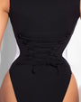 Hi Cut Sleeveless Surfy Shapewear Swimsuit - Contour Black/White back view close up on lacing