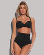 Model wears High Waisted Kini Bottom Shapewear Two Piece - Black and matching color wireless swim bra