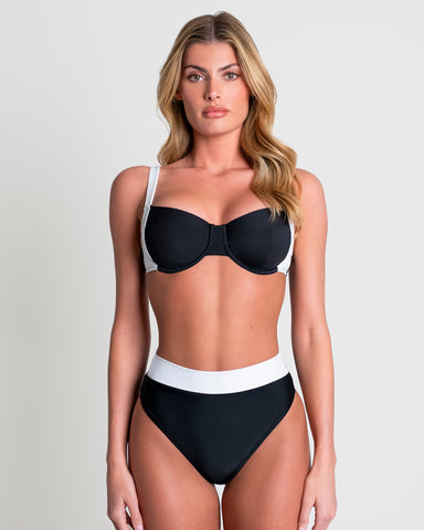 Model is wearing Lifty Shapewear Wide Strap Underwire Bikini Top - Black/White and a matching bottom