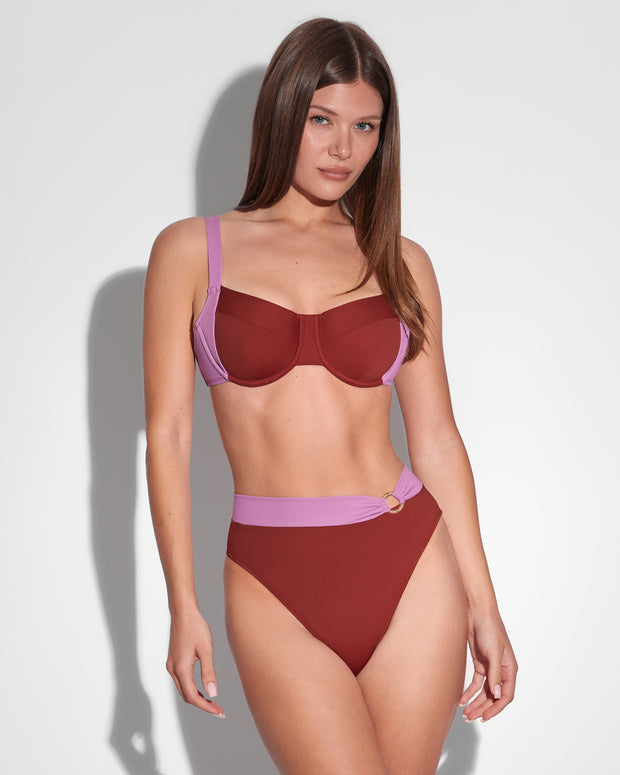 Model wears Brazilian Ring Kini Bottom - Copper/Lilac Two Piece Shapewear front view