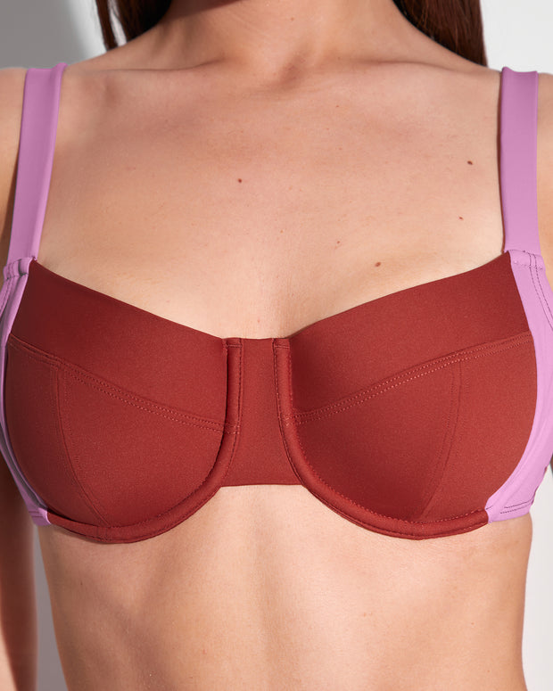 Lifty Shapewear Wide Strap Underwire Bikini Top - Copper/Lilac close up