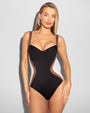 Model wears Lifty - Black/Mocha/Peach Blush One Piece Shapewear Swimsuit front view