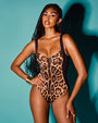 Model wears Lifty - Symmetric Leopard / Black One Piece Shapewear Swimsuit full front view