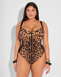 Size L Model wears Lifty - Symmetric Leopard / Black One Piece Shapewear Swimsuit front view