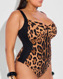 Size L Model wears Lifty - Symmetric Leopard / Black One Piece Shapewear Swimsuit side view