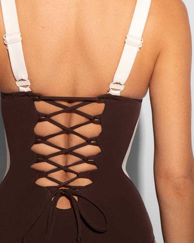 Lifty - Contour Espresso/Ivory One Piece Shapewear Swimsuit back view close up detail