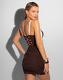 Model is wearing Mini Ruched Skirty Waterproof Shapewear Swim Cover-Up - Espresso side view