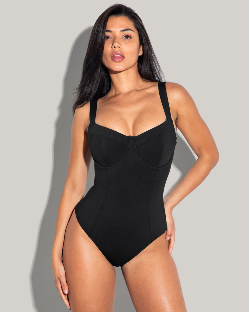 Model posing in Lifty - Black One Piece Shapewear Swimsuit full front view