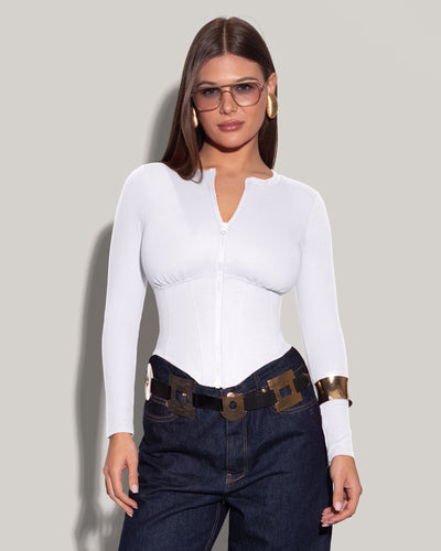 Model is posing in Long Sleeve Corsety Sculpting Shapewear Top - White unzipped front view