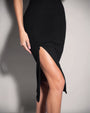 Model wears Seamed Lushy Pencil Midi Shapewear Dress - Black Full zipper close up