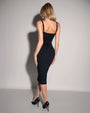 Model wears Seamed Lushy Pencil Midi Shapewear Dress - Black back view