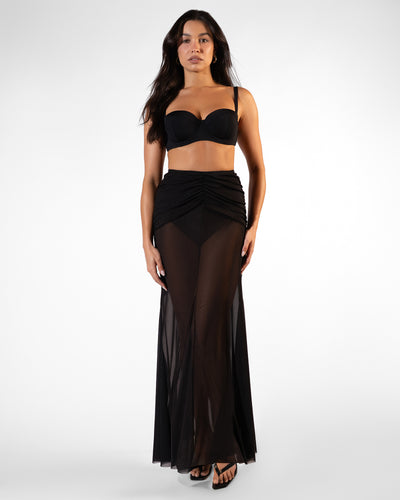 Full body front view of Mermaid Sheer Skirty - Black paired with Bombshell Bikini Top - Black on model