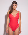 Model wears Meshy Low-Cut One Piece with Built-in Shapewear - Hot Coral full front view