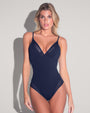 Model is posing in Meshy Low-Cut One Piece with Built-in Shapewear - Midnight full front view