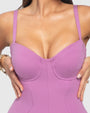 Model wears Seamed Lushy Pencil Midi Shapewear Dress - Mulberry soft cups close up