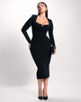 Model wearing Notchy Long Sleeve Midi Dress - Black full body front view