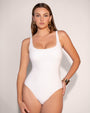 Model wears Pammy Square Neck One Piece Shapewear Swimsuit - White front view