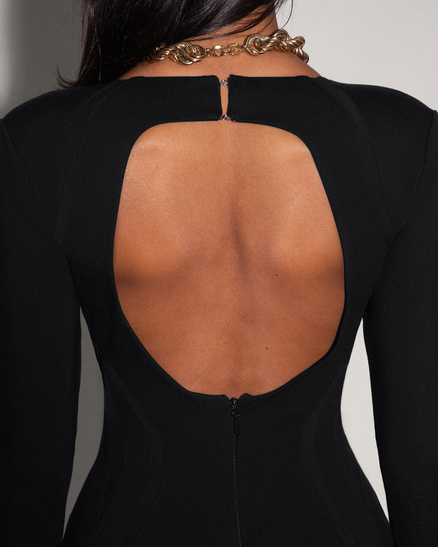 Model wears Plungey Long Sleeve Mini Shapewear Dress - Black back close up