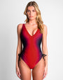 Model wears Plungey Cinched Leg Adjustable Shapewear Swimsuit - Red Ombre