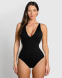 Model wears Plungey - Contour Black/Oat Open Back Shapewear Swimsuit front view