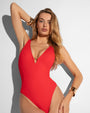 Model wears Hi Cut Plungey Triangle One Piece Shapewear Swimsuit - Red front view