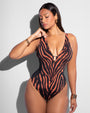 Model wears Plungey Triangle - Baked Clay Zebra/Black Shapewear Swimsuit front view