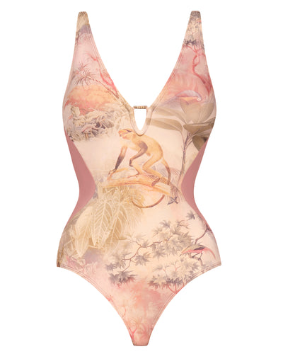 Outline image showing Plungey Triangle - Contour Soft Tropical/Rose Shapewear Swimsuit