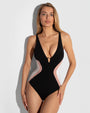 Model wears Plungey Triangle - Contour Black/Rose/White Shapewear Swimsuit front view