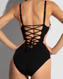 Model wears Plungey Triangle - Contour Black/Rose/White Shapewear Swimsuit back view