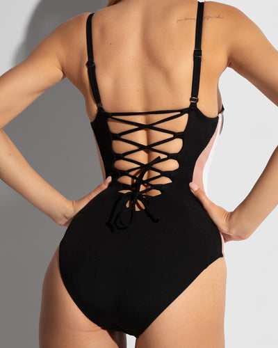 Model wears Plungey Triangle - Contour Black/Rose/White Shapewear Swimsuit back view