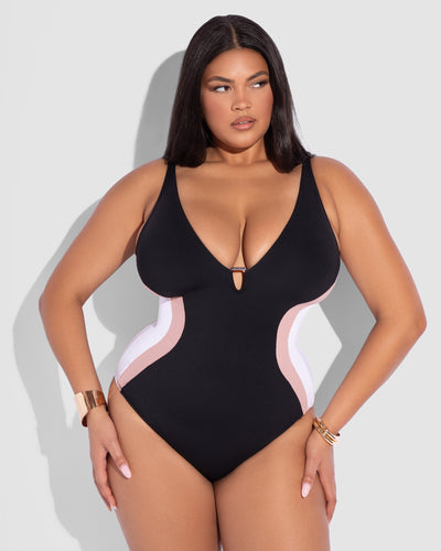 Size L Model wears Plungey Triangle - Contour Black/Rose/White Shapewear Swimsuit front view