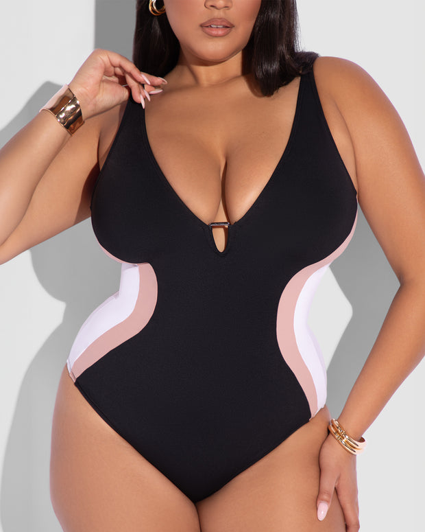 Size L Model wears Plungey Triangle - Contour Black/Rose/White Shapewear Swimsuit close up front view