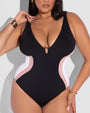 Size L Model wears Plungey Triangle - Contour Black/Rose/White Shapewear Swimsuit close up front view