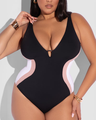 Size L Model wears Plungey Triangle - Contour Black/Rose/White Shapewear Swimsuit close up front view