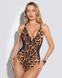 Model wears Plungey Triangle - Symmetric Leopard/Black Shapewear Swimsuit full front view