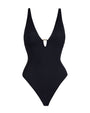 Outline image of Plungey Triangle Thong One Piece Shapewear Swimsuit - Black
