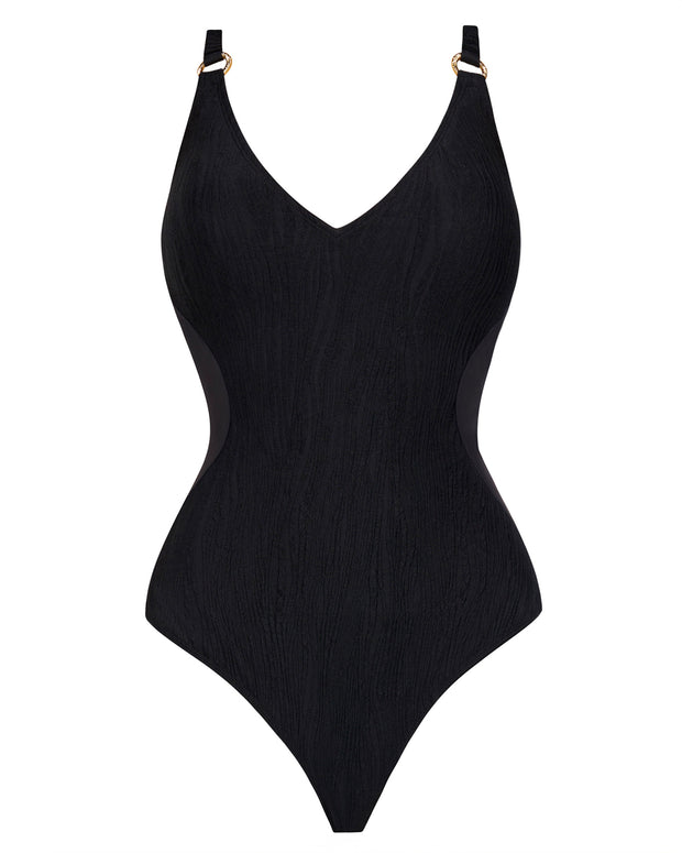 Outline image showing Plungey - Wavy Ring Black Open Back One Piece Shapewear Swimsuit
