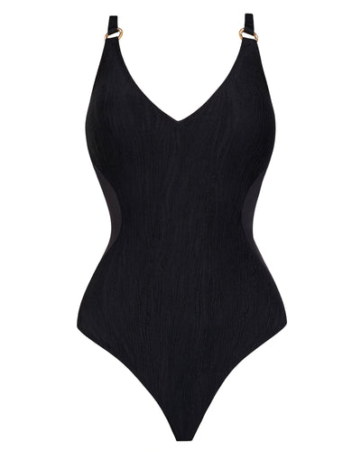 Outline image showing Plungey - Wavy Ring Black Open Back One Piece Shapewear Swimsuit