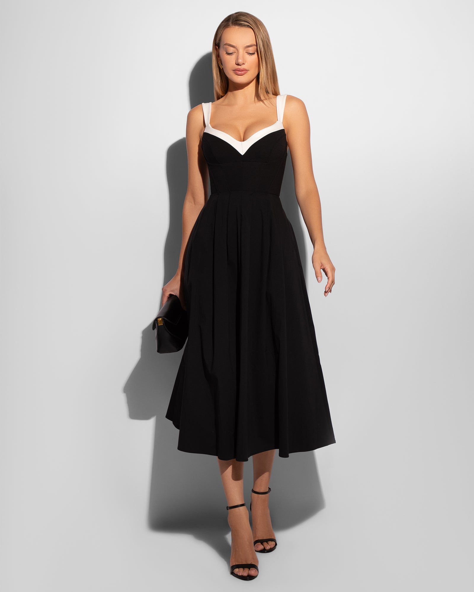 Model wears Poplin Fit & Flare Midi Shapewear Dress - Black/Ivory full front view