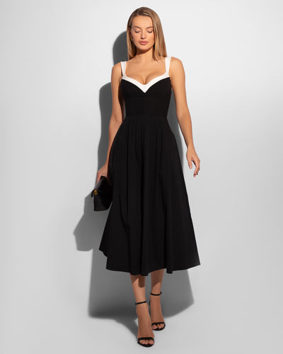 Model wears Poplin Fit & Flare Midi Shapewear Dress - Black/Ivory full front view