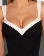 Model wears Poplin Fit & Flare Midi Shapewear Dress - Black/Ivory close up