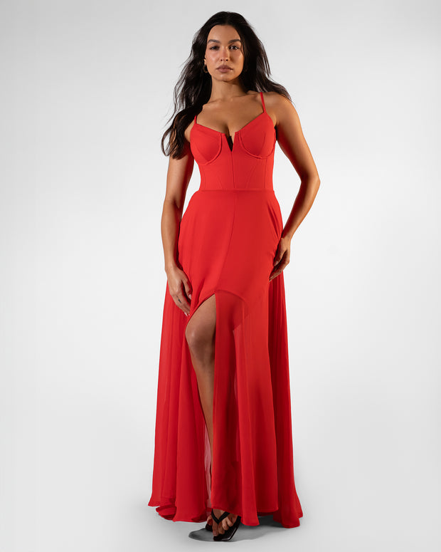 Full body front view of model wearing Vixen Corset Maxi Dress - Red