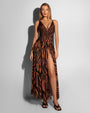 Model wears Ringy Sheer Slit Skirty - Baked Clay Zebra Cover Up Midi Skirt and one piece shapewear swimsuit full front view