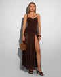 Model wears Ringy Sheer Slit Skirty - Espresso Cover Up Midi Skirt and one piece swimsuit full front view