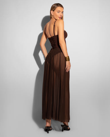 Model wears Ringy Sheer Slit Skirty - Espresso Cover Up Midi Skirt back view