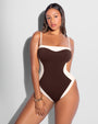 Model wears Sashy One Piece Shapewear Swimsuit - Frame Espresso/Ivory front view