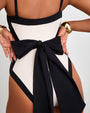 Sashy One Piece Sculpting Shapewear Swimsuit - Frame Oat/Black bow detail close up