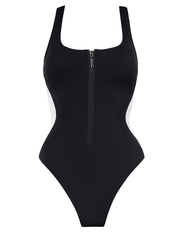 Outline image showing Scoopy Seamed Zip Racerback Shapewear Swimsuit - Black/White